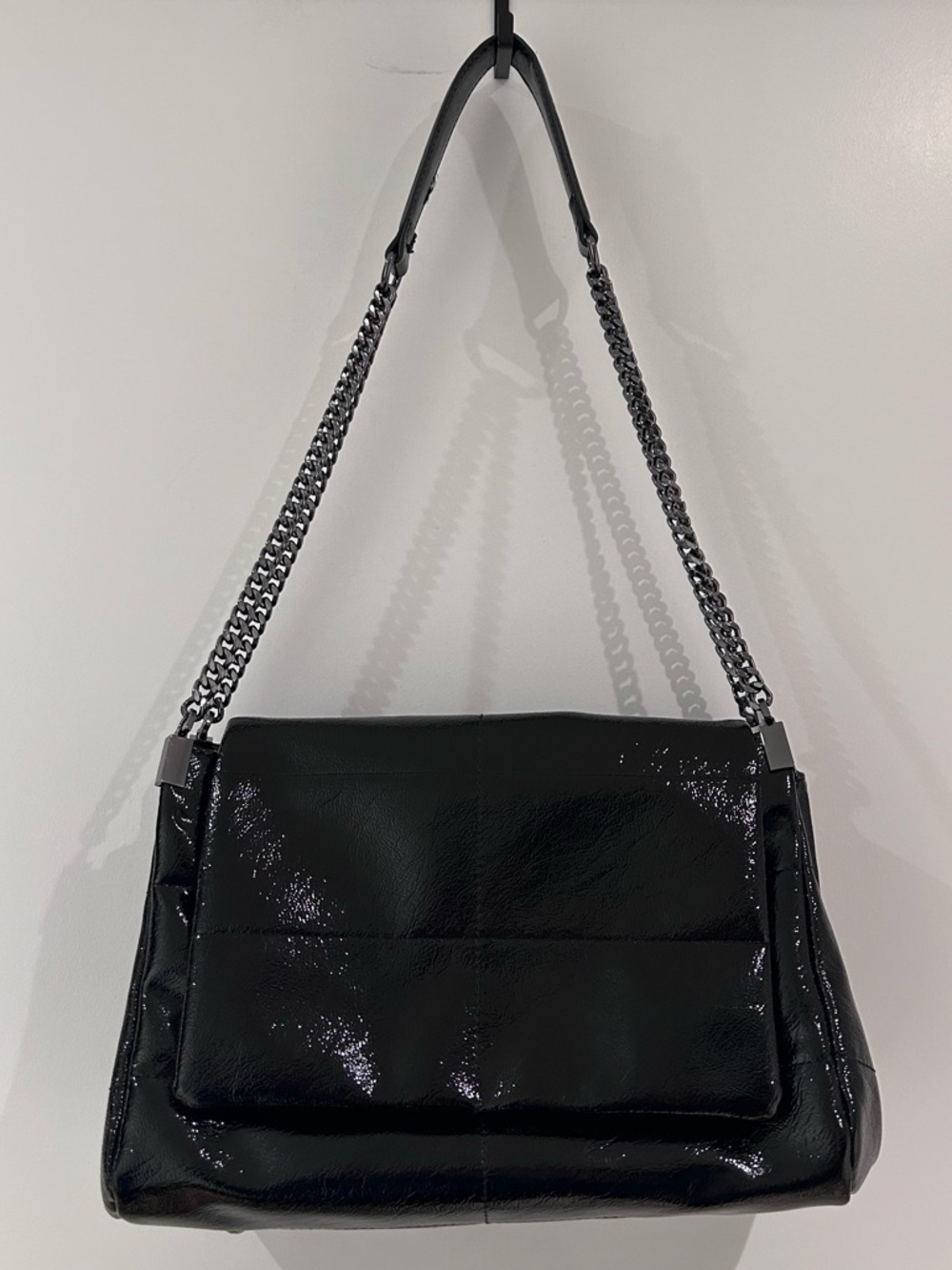 House of Harlow 1960 Glossy Black Patent Shoulder Bag with Chain Strap